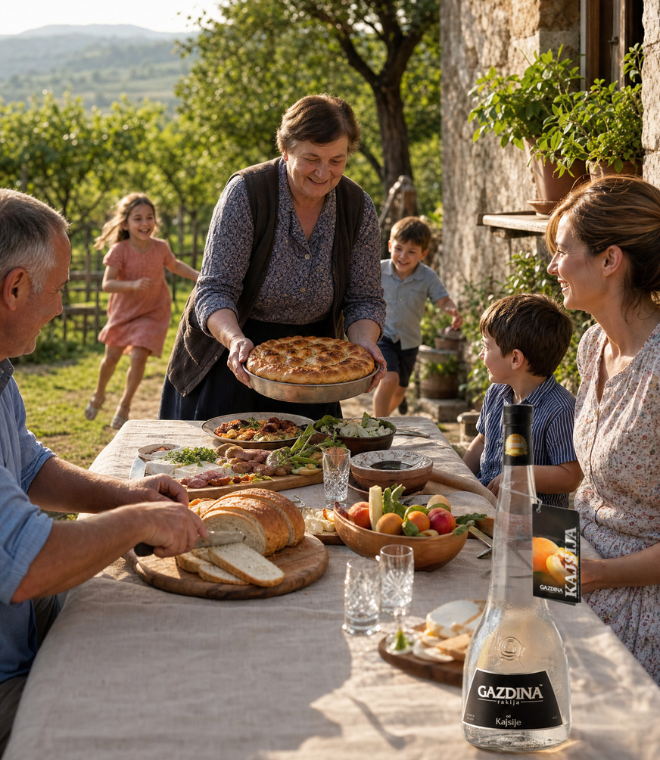 Domaćinska porodična trpeza u dvorištu uz bocu Gazdina Rakija kajsijevača, svježi hljeb, tradicionalna jela i porodicu okupljenu na ručku u prirodnom ambijentu.